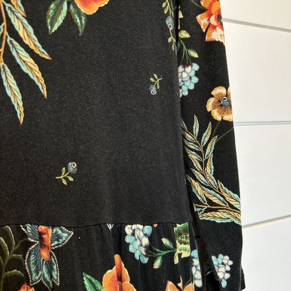 Johnny Was Bamboo Dress Small Ardell 3/4 Sleeve Tiered Knee Length Black Floral - Picture 6 of 10